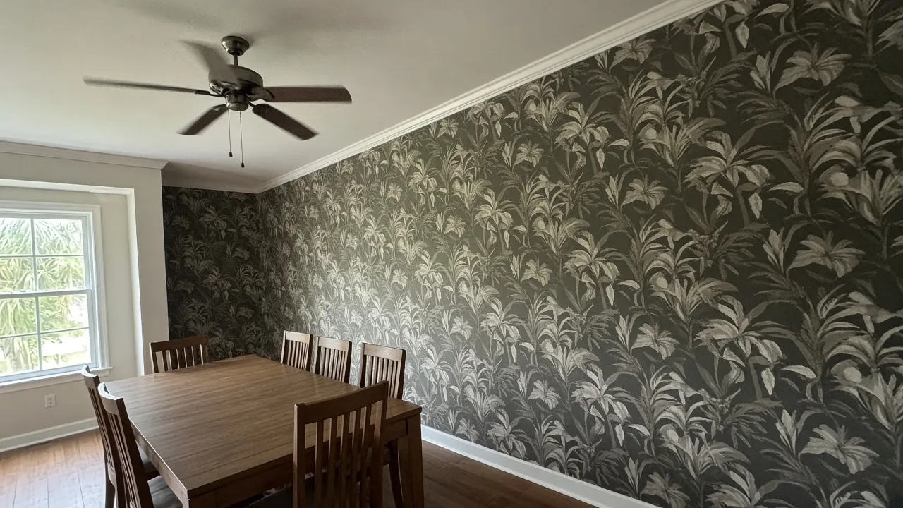Dining room wallpaper with a large repeat, typical of the St. Petersburg rooms we hang