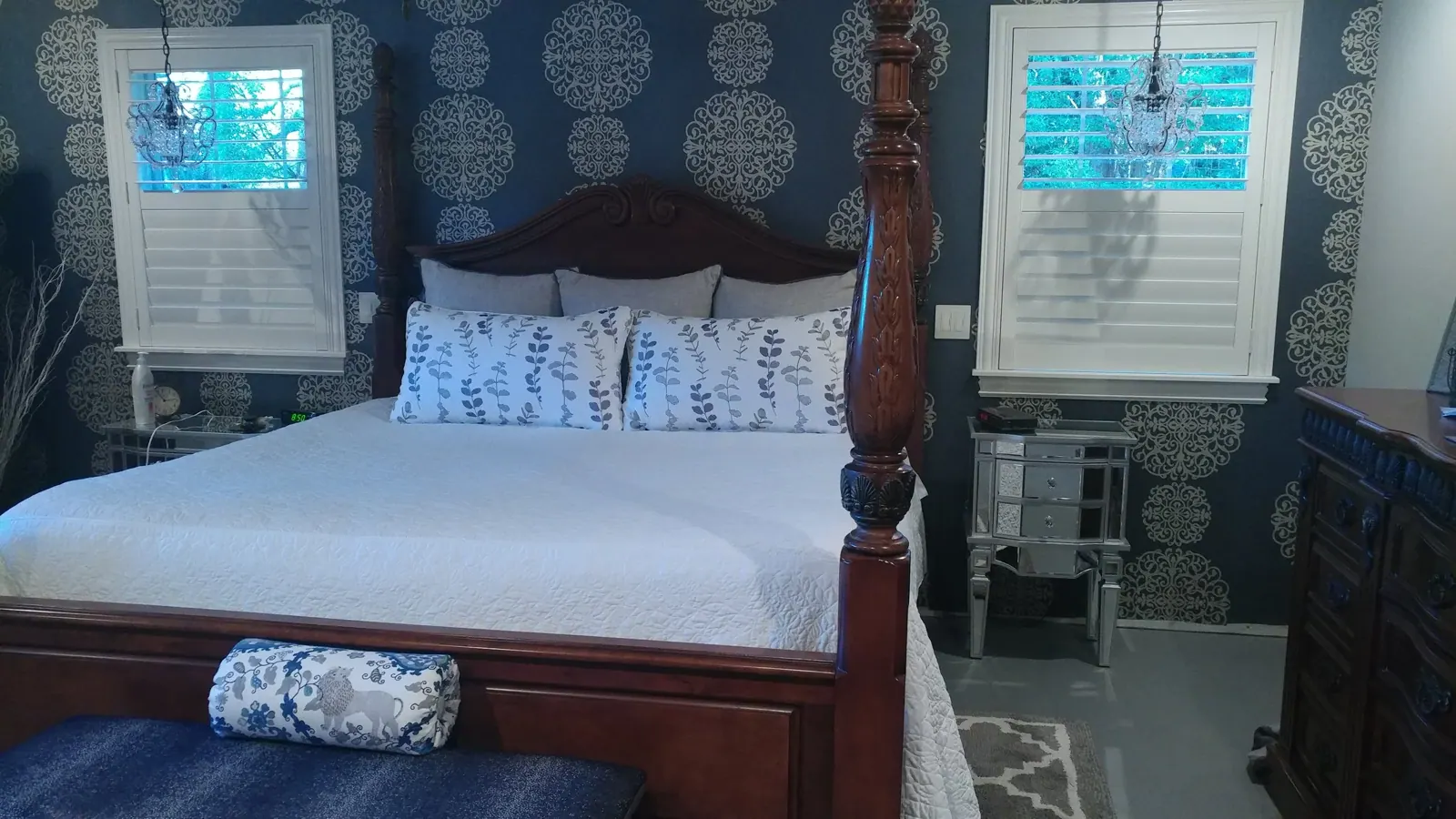 Custom bedding, pillows, and drapery designed and installed by Custom Fabric Creations in a St. Petersburg, FL home